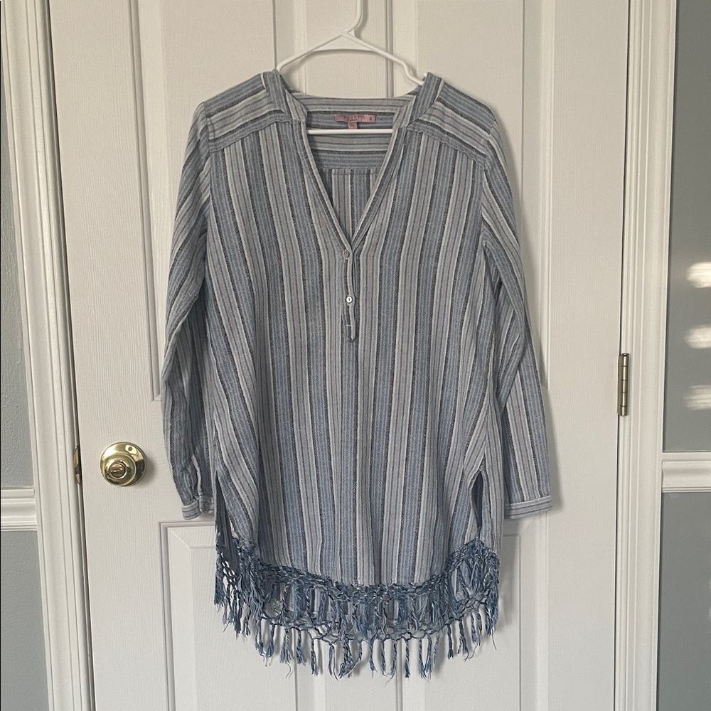 Calypso St Barth Striped Blue Tunic with Fringe size small
